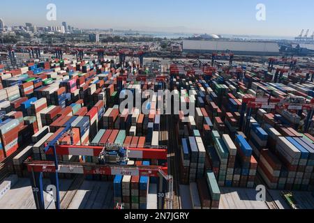 Gestapelte Versandcontainer warten auf den Transport durch automatisierte Stackkräne (ASC) auf dem Hof des Long Beach Container Terminal (LBCT) im Hafen von Long Beach. Die Investition in Höhe von $2,5 Mrd. LBCT, die es einem der weltweit führenden Betreiber von Hafenterminals ermöglicht hat, die Emissionen erheblich zu senken und einen „Netto-Nullpunkt“ in greifbarer Nähe zu haben. Auf dieser Tour erfahren Sie außerdem zum ersten Mal mehr über ein Projekt im Wert von $30 Millionen US-Dollar bei LBCT zur Einführung emissionsfreier Frachtumschlagsgeräte und einen exklusiven Einblick in die Pläne von LBCT zur vollständigen Dekarbonisierung des Betriebs bis 2030. Stockfoto