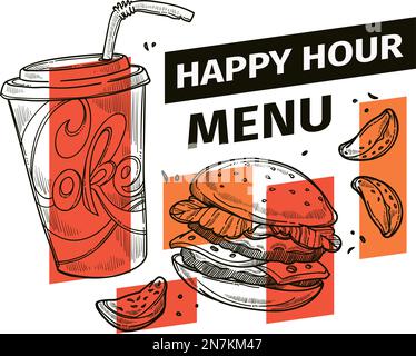 Happy Hour Menü, Bistro oder Street Food Banner Stock Vektor