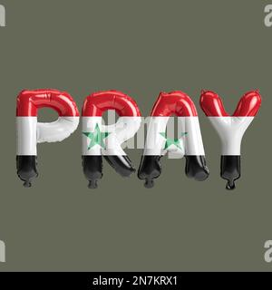 3D Abbildung eines Gebetsschreibens über das Erdbeben in syrien mit isolierter Fahnenfarbe auf dem Hintergrund Stockfoto