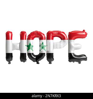 3D Abbildung eines Hope-Briefes über das Erdbeben in syrien mit isolierter Flaggenfarbe auf weißem Hintergrund Stockfoto