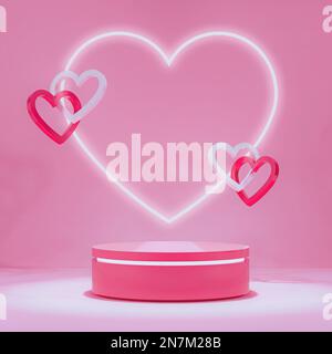 Valentinstag-Podium mit herzförmigem Licht und Symbolen 3D Illustration Digital Rendering Stockfoto