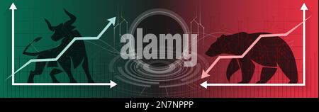 Bull Bullshit Run Bear Bär Markttrend bei Aktien. Krypto Trade Exchange grün-rot-Pfeil-nach-unten-Diagramm. Hintergrund für Kryptowährungsaktiendiagramm. Stock Vektor