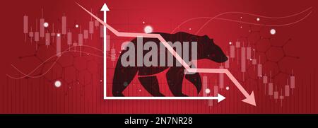Bärenrennen oder bärenartiger Markttrend bei Kryptowährungen oder Aktien. Hintergrund der Börse, Pfeil-nach-unten-Grafik für roten Crash in der globalen Marktwirtschaft Stock Vektor