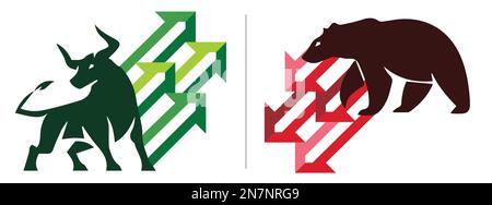 Bullshit Run; bärenartiger Markttrend bei Kryptowährungen oder Aktien. Grüne Aufwärts- oder rote Abwärts-Pfeilgrafik der Börse. Kryptowährungsaktiendiagramm Stock Vektor