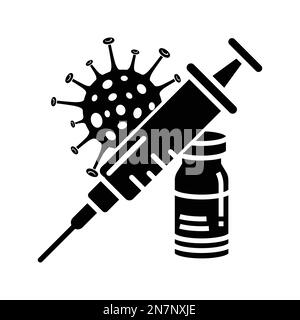 Covid-19-Impfstoff-Icon mit Injektion und Coronavirus. Impfvektor mit einer medizinischen Spritzennadel. Einfache schwarze Farbdarstellung. Covid-19-Test Stock Vektor