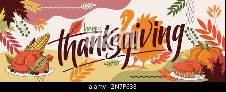 Happy Thanksgiving Banner Design Typografie, truthahn Vogel, abstrakte Blätter Hintergrund. Amerikanisches Thanksgiving-Festival, Dinnerparty, Maispfefferkuchen. Stock Vektor