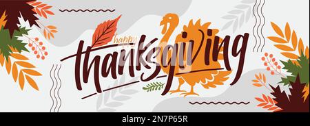 Happy Thanksgiving-Bannerdesign mit Typografie, truthahnvogel und abstrakten Blättern im Hintergrund. Herbstthema-Dinnerparty des American Thanksgiving Festivals Stock Vektor