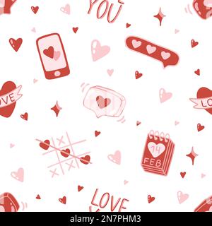 Valentinstag. Love Concept niedliche Vektordarstellung Nahtloses Muster mit Herzen, Liebe, Blumen, Umschlag, Pfeilen, eine tasse Kaffee und Cupcakes. Stock Vektor