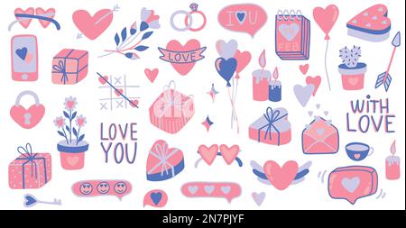 Valentinstag Set Liebeselemente, Ballons, Herzen, Umschlag, Becher, cupcake, Eis. Geeignet für Aufkleber, Partyeinladungen, Grußkarten Stock Vektor