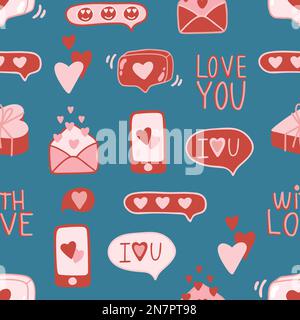 Valentinstag. Love Concept niedliche Vektordarstellung Nahtloses Muster mit Herzen, Liebe, Blumen, Umschlag, Pfeilen, eine tasse Kaffee und Cupcakes. Stock Vektor