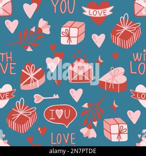 Valentinstag. Love Concept niedliche Vektordarstellung Nahtloses Muster mit Herzen, Liebe, Blumen, Umschlag, Pfeilen, eine tasse Kaffee und Cupcakes. Stock Vektor