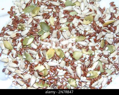 Rohe Sonnenblumen, Kürbis, Flachs, Sesamsamen. Gruppe roher Samen Stockfoto