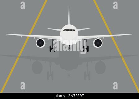 Ein weißes Passagierflugzeug startet von der Landebahn Stock Vektor