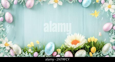 Frohes Osterkonzept mit ostereiern und Frühlingsblumen. Dekorierte ostereier im Gras mit Blumen. Osterhintergrund mit Kopierbereich. Ostereier Stockfoto