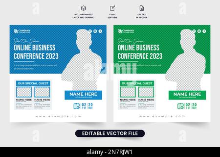 Vektor für Beiträge in sozialen Medien zu Webinaren und Geschäftskonferenzen in Blau und Grün. Posterdesign für Live-Webinare für digitales Marketing. Web Stock Vektor