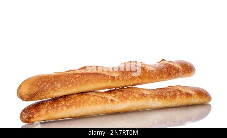 Zwei duftende Baguettes, Makro, isoliert auf weißem Hintergrund. Stockfoto