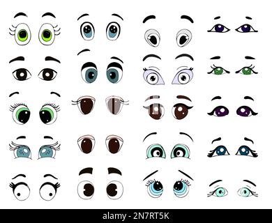 Cartoon-Augen. Wütende, überraschende, fröhliche Gesichtsausdrücke. Tier, Mensch, Kinderaugen. Symbolgruppe für die Darstellung isolierter Vektoren Stock Vektor