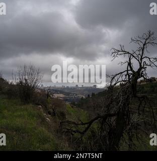 Sturmwolken sammeln sich über Jerusalem, Israel, aus der Sicht der Judäer Berge an einem Wintermorgen. Stockfoto