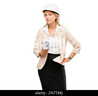 Eine Frau mit vielen Talenten. Eine reife Geschäftsfrau mit Bauplänen. Stockfoto