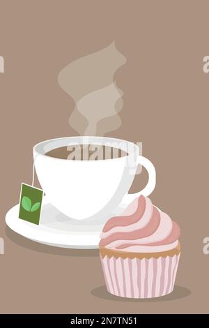 Ein wunderschöner Kakao-Muffin-Cupcake für den Urlaub, süß mit einer Tasse Tee Stock Vektor