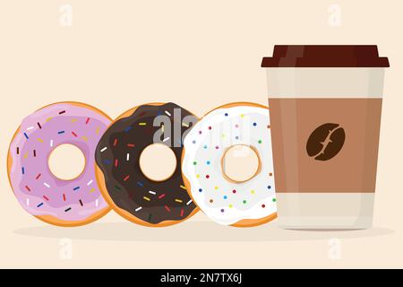 tasse Kaffee in einem Pappbecher mit Deckel und Donuts mit unterschiedlichen Füllungen Stock Vektor