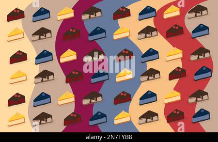 Ein Stück Kuchen auf einem bunten Hintergrund für Süßigkeiten Stock Vektor