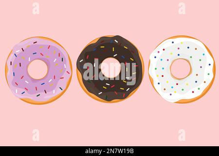 Bunte Donuts mit Glasur und weißen rosa Schokoladenstreuseln Stock Vektor