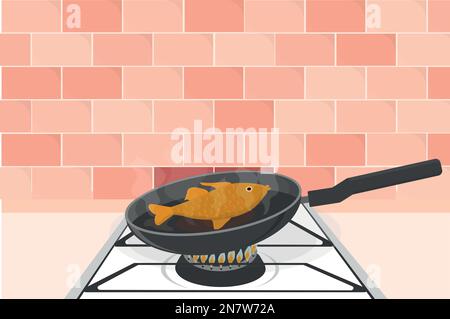 Eine große Goldfischforelle in einem Pfannenbraten auf einem Gasherd Stock Vektor
