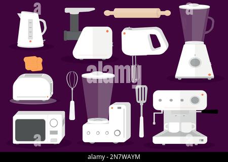 Set von Geräten für die Küche Wasserkocher Mikrowelle Mixer Mischer Fleisch Kaffeemühle Kaffeemaschine Toaster Stock Vektor