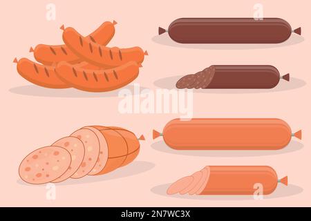 Ein Satz Wurstprodukte Würste und Salami gekochte Wurst Stock Vektor