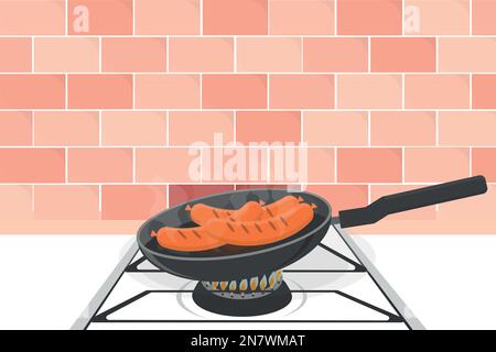 Eine heiße Bratpfanne mit Würstchen auf Gasherd, Feuer, Küche, Vektordarstellung Stock Vektor