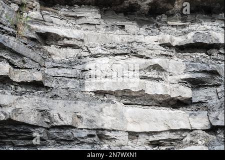 Klippen in East Cliff Beach in Lyme Regis, Dorset, Südwestengland. Nahaufnahme von gestapelt unter Zeitsteinen. Selektiver Fokus Stockfoto