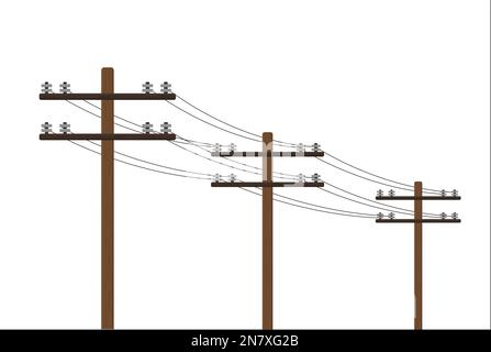 Holzmast mit Hochspannungsdrähten auf weißem Hintergrund Darstellung eines Elektrikers Stock Vektor