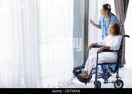 Pflegerische Betreuung älterer Senioren im häuslichen Ruhestand im Rollstuhl. Stockfoto