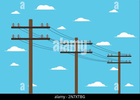 Holzmast mit Hochspannungsdrähten auf dem Hintergrund des Himmels Vektor Darstellung eines Elektrikers Stock Vektor