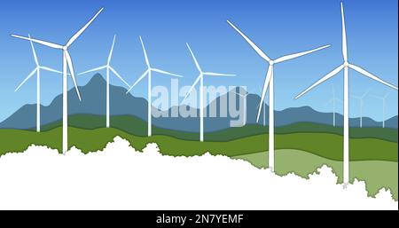 Weiße Windturbine, die elektrische Vektorlandschaft erzeugt Stock Vektor