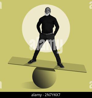 Porträt, Kreativität und Balance mit einem schwarzen Mann im Studio auf gelbem Hintergrund für abstrakte Kunst. 3D, Skala oder Illustration mit einem älteren Mann Stockfoto