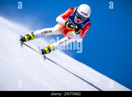 Meribel, Frankreich. 11. Februar 2023. Alpinskifahren: Weltmeisterschaft, Downhill, Frauen: Jasmine Flury, Schweiz, in Akton. Kredit: Michael Kappeler/dpa/Alamy Live News Stockfoto