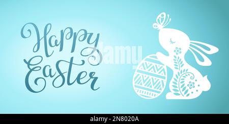 Schönes Banner mit Kalligrafietext Happy Easter und Silhouette des süßen Hasen mit Ei. Vektordarstellung von Hase, Hase, Hase unter Blumen Stock Vektor