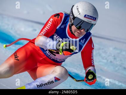 Meribel, Frankreich. 11. Februar 2023. Alpinski: Weltmeisterschaft, Abfahrtslauf, Frauen: Jasmine Flury, Schweiz, in Aktion. Kredit: Michael Kappeler/dpa/Alamy Live News Stockfoto