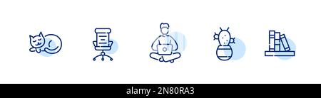 Home-Office-Symbole. Männlicher Freiberufler bei Laptop, Katze, Kaktus und Computerstuhl. Pixelgenaue, bearbeitbare Konturlinie Stock Vektor