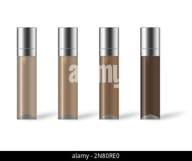 Make-up-Fundament, verschiedene Farbschattierungen, Vektormodell. Glasflasche mit Metallkappe, Modell-Set Stock Vektor