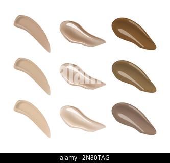 Flüssig-Make-up-Fundamente oder Make-up-Verstecke. Farbfelder der Farb- und Schattierungspalette auf weißem Hintergrund isoliert, Vektordarstellung Stock Vektor