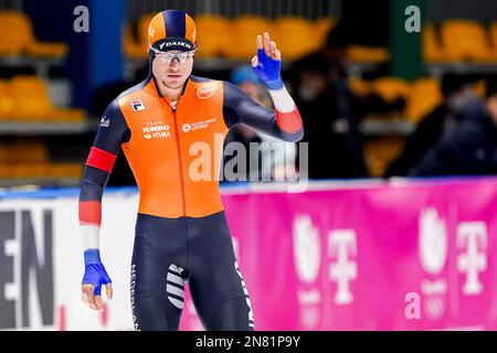 TOMASZOW MAZOWIECKI, POLEN - FEBRUAR 11: Joep Wennemars aus den Niederlanden, die während der ISU Speed Skating World Cup 5 am 11. Februar 2023 in Tomaszow Mazowiecki, Polen, an der Herrengruppe B 500m teilnehmen (Foto: Andre Weening/Orange Pictures). Kredit: Orange Pics BV/Alamy Live News Stockfoto