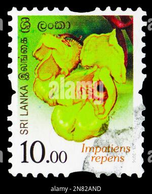 MOSKAU, RUSSLAND - 4. FEBRUAR 2023: Poststempel in Sri Lanka zeigt die Serie Impatiens repens, Flowers of Sri Lanka, circa 2016 Stockfoto