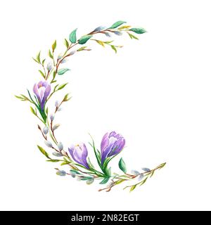 Osterblütenkranz mit Frühlingskrokus und Weidenzweigen. Handgezeichnete Aquarell-Illustration. Perfekt für Karten, Poster, festliche Designs. Stockfoto