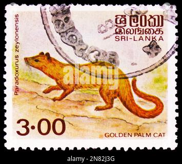 MOSKAU, RUSSLAND - 4. FEBRUAR 2023: Poststempel in Sri Lanka zeigt Golden Palm Civet (Paradoxurus zeylonensis), einheimische Tierserie, ca. 1 Stockfoto