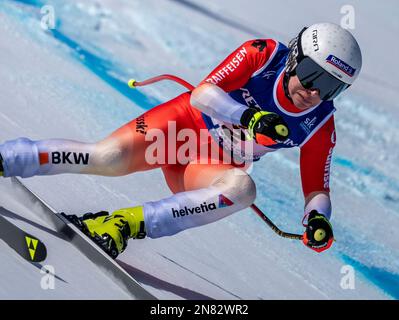 Meribel, Frankreich. 11. Februar 2023. Alpinski: Weltmeisterschaft, Abfahrtslauf, Frauen: Jasmine Flury, Schweiz, auf der Rennstrecke. Kredit: Michael Kappeler/dpa/Alamy Live News Stockfoto