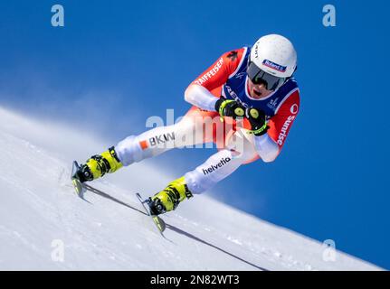 Meribel, Frankreich. 11. Februar 2023. Alpinski: Weltmeisterschaft, Abfahrtslauf, Frauen: Jasmine Flury, Schweiz, auf der Rennstrecke. Kredit: Michael Kappeler/dpa/Alamy Live News Stockfoto