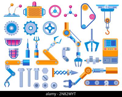 Maschinenelemente. Mechanik Zahnradteile flache Ausführung, Maschinen Industrietechnik PKW Hydraulikdetails Motorgetriebe Zahnrad. Vektor-Cartoon Stock Vektor